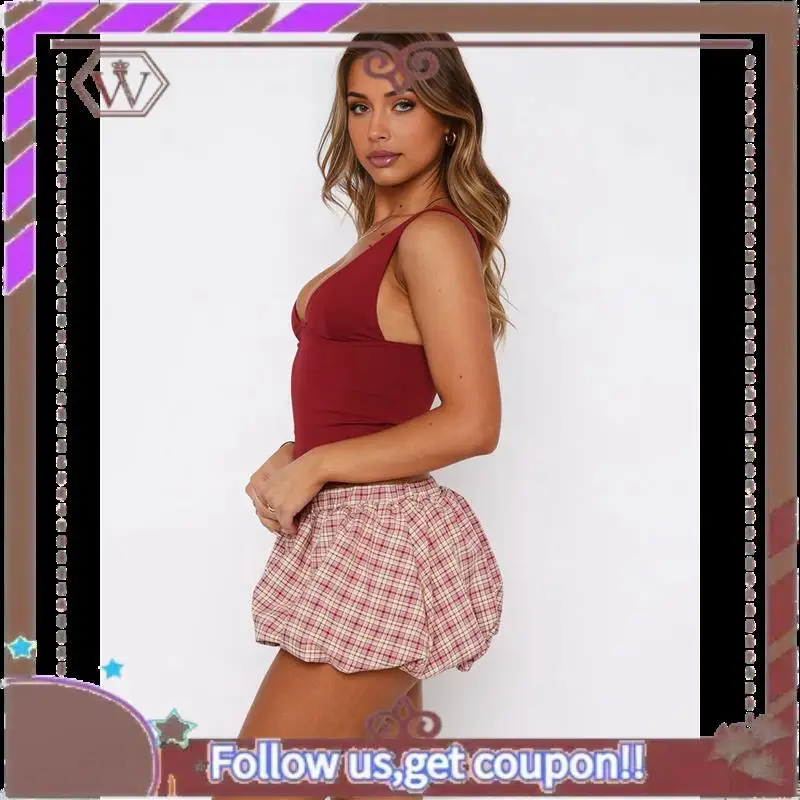 A95D-Minifalda de burbujas a cuadros para mujer, falda acampanada con volantes Y2K de cintura baja de verano 2025, con interior corto, color rojo vino XS