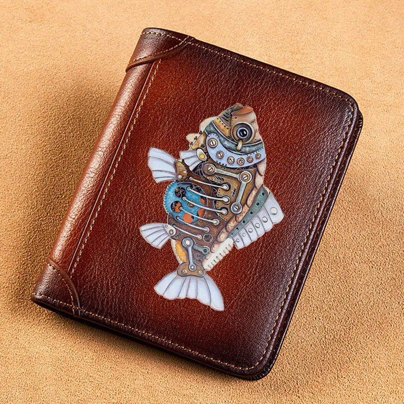 

High Quality Genuine Leather Men Wallets Steampunk Gear Fish Cover Short Card Holder Purse Trifold Men's Wallet BK3876