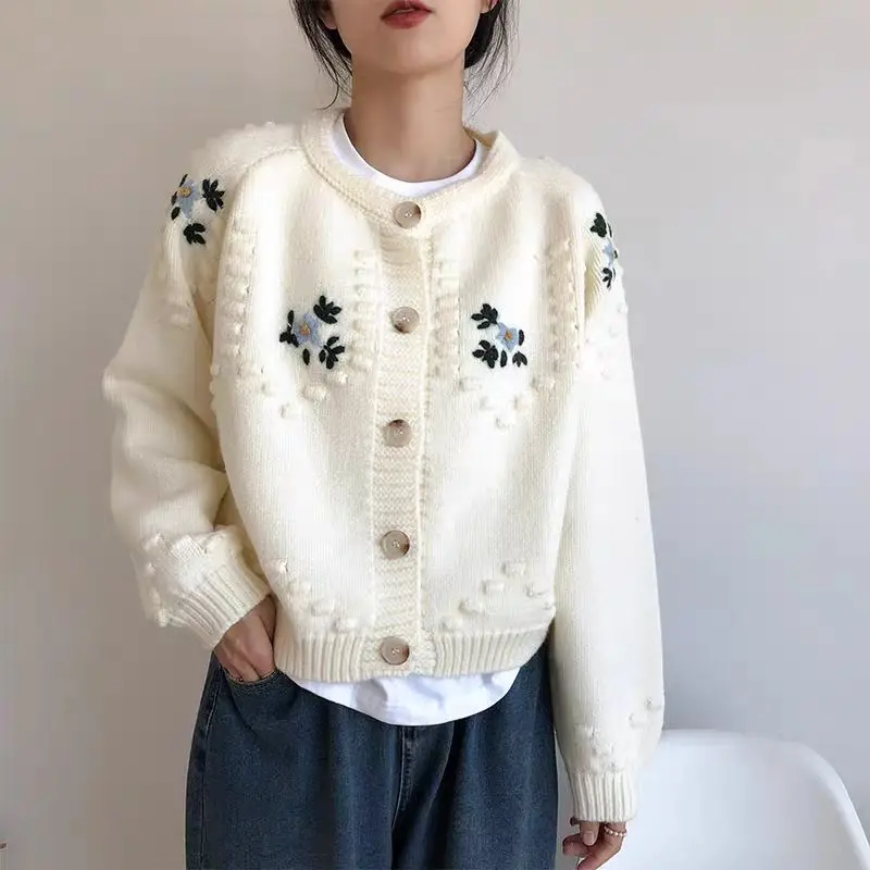 Korean style Embroidery Cardigan Women Sweet Cropped Sweaters Gentle Knitted Retro Fashion Floral Cardigan