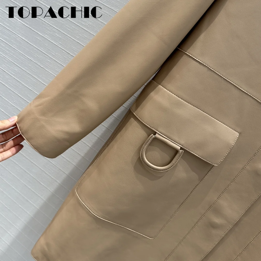 8.24 TOPACHIC-Women\'s Temperament Big Pocket Midi Coat 2024 Autumn New Lapel Covered Button Genuine Leather Split Outerwear