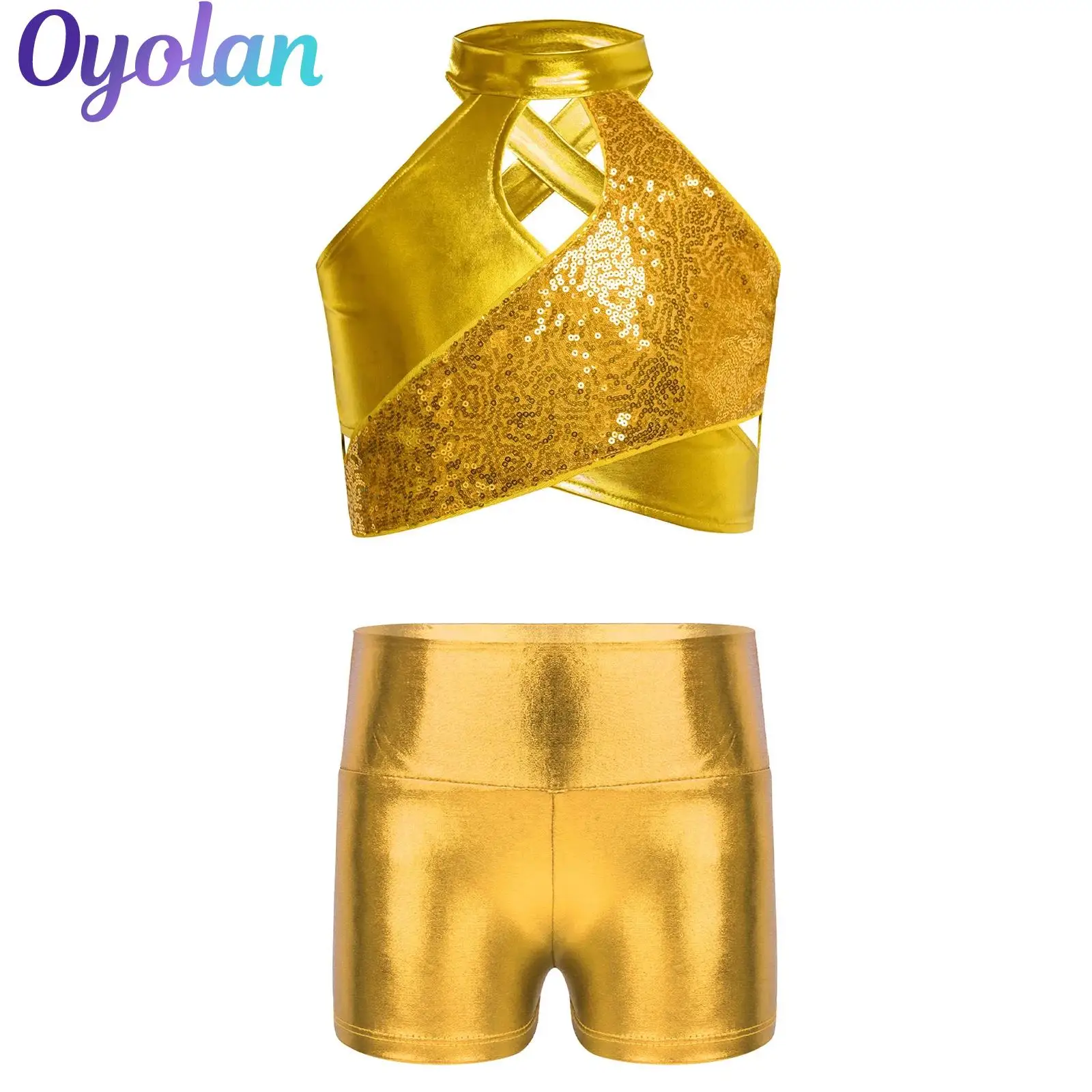 Kids Girls Metallic Jazz Dance Outfit Hip Hop Costume Cross Keyhole Sparkly Sequins Crop Top with High Waist Shorts Dancewear