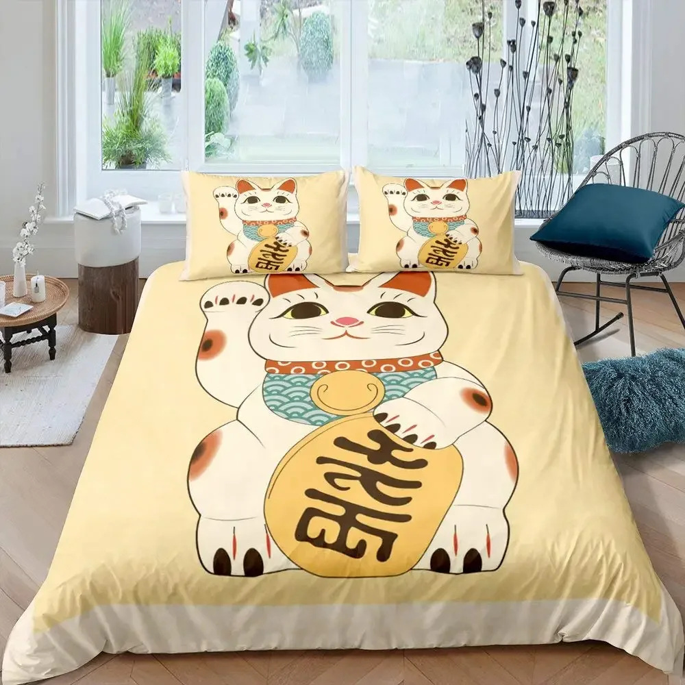 Maneki Duvet Cover Set,Japanese Lucky Cat Duvet Cover Neko Gold Coin Japanese Style Cute Bedding Set Cat Comforter Cover 2/3pcs