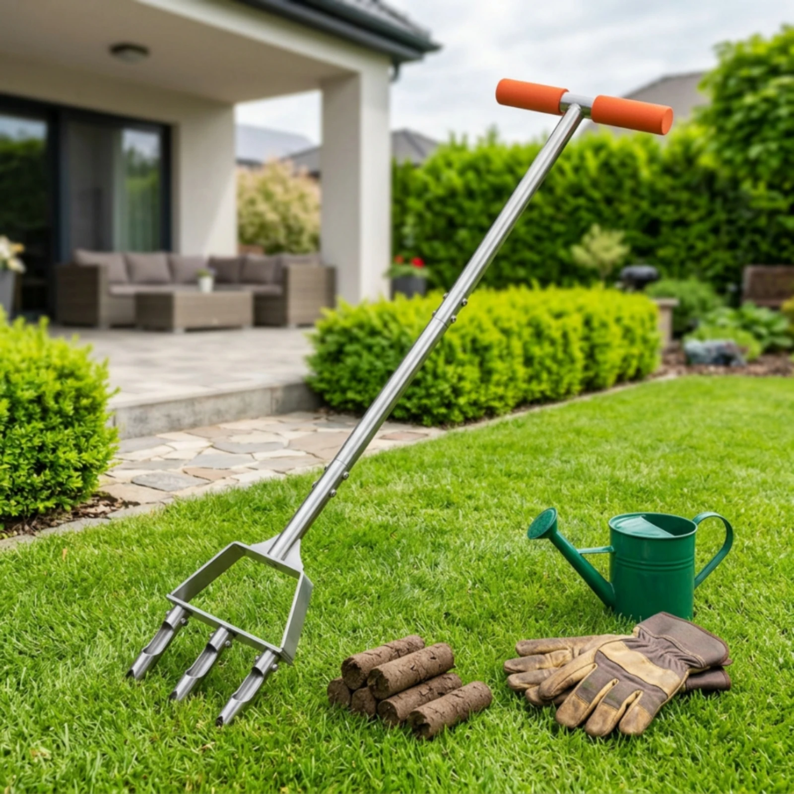 Lawn Aerator with 3 Hollow Tines Sturdy Manual Lawn Aerator Soil Core Sampler with T-Handle Cushioned Grips Tool Easy Assembly