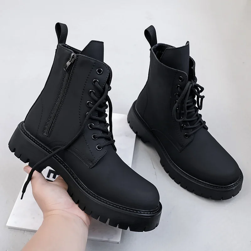 Autumn and winter long boots for men, British style black high-top thick-soled leather shoes, classic wear-resistant