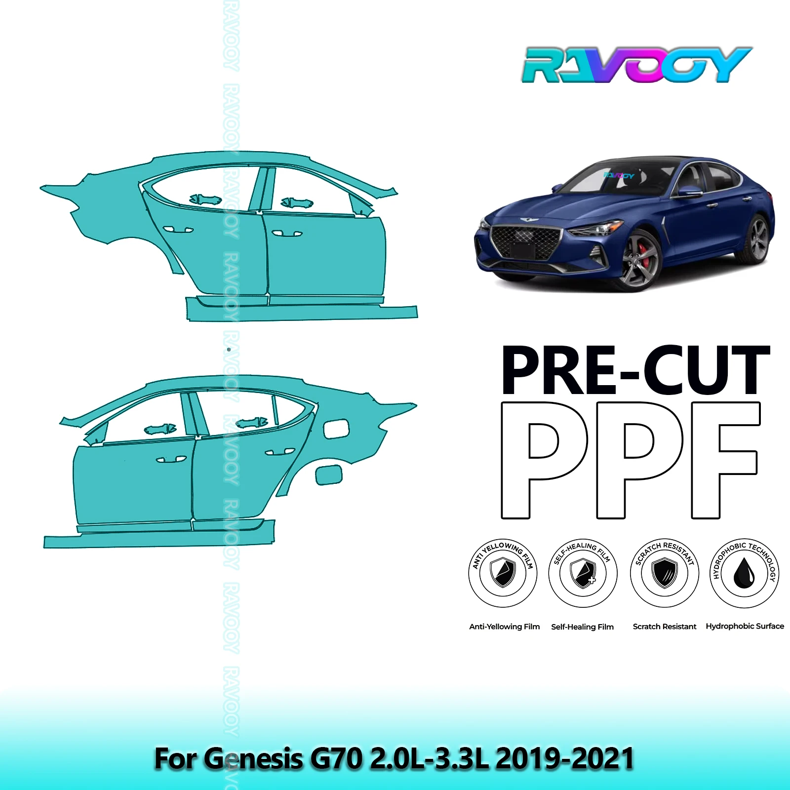

For Genesis G70 2.0L-3.3L 2019-2021 8.5mil Clear Matte Pre-Cut PPF Door & A/B Pillar Kit TPU Paint Protection Film Set