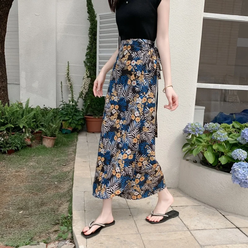 

Тайская юбка с запахом и цветочным принтом, женская праздничная пляжная юбка-миди с поясом и защитой от солнца, облегающее волокно из полиэстера