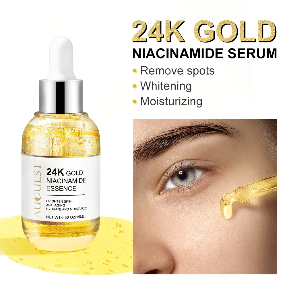 Niacinamide Serum Whitening Dark Spots Remover Essence 24K Gold Hyaluronic Acid Moisturizing Lightening Facial Skin Care