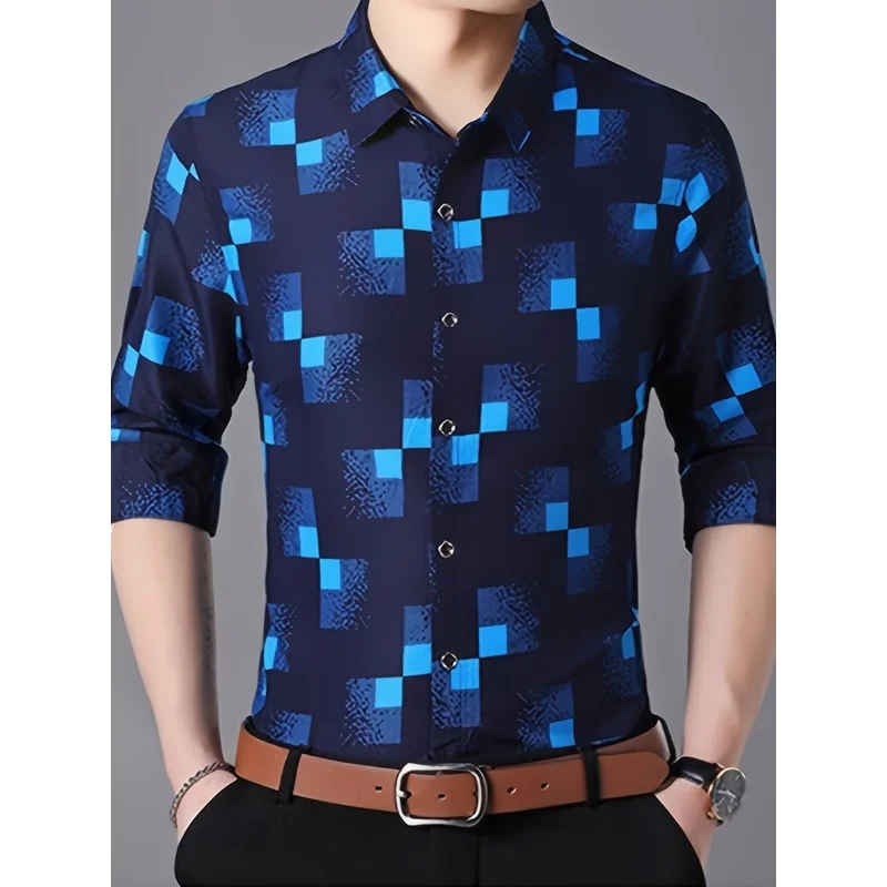 Men's Spring Autumn Geometric Print Long Sleeve Shirt Turn Down Collar Polyester Casual Business Office Top