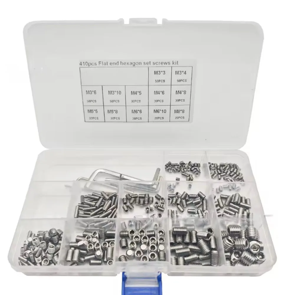 410Pcs 304 Stainless Steel Hex Socket Flat End Set Screw M3 M4 M5 M6 M8 Screw Headless