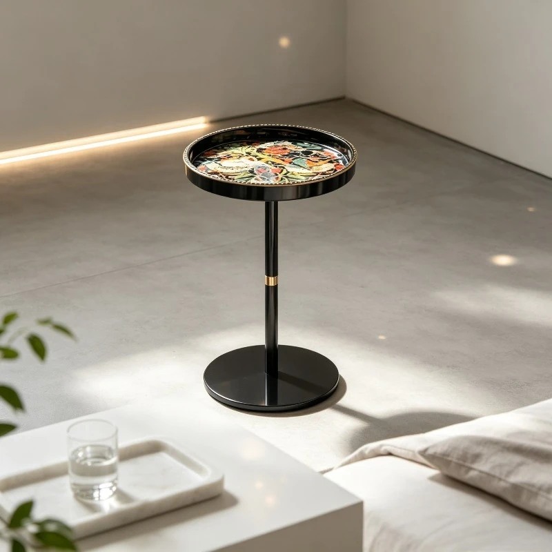 Round Tray Table Beech Wood Legs Strawberry Thief Pattern Anti-Spill Raised Edge Sofa End Table Living Room Home Decor