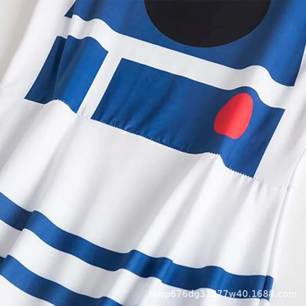 성인 여성 SW R2-D2 로봇 코스프레 의상 3D 크루 넥 민소매 조끼 드레스 할로윈 가장무도회 파티 의상 여성용