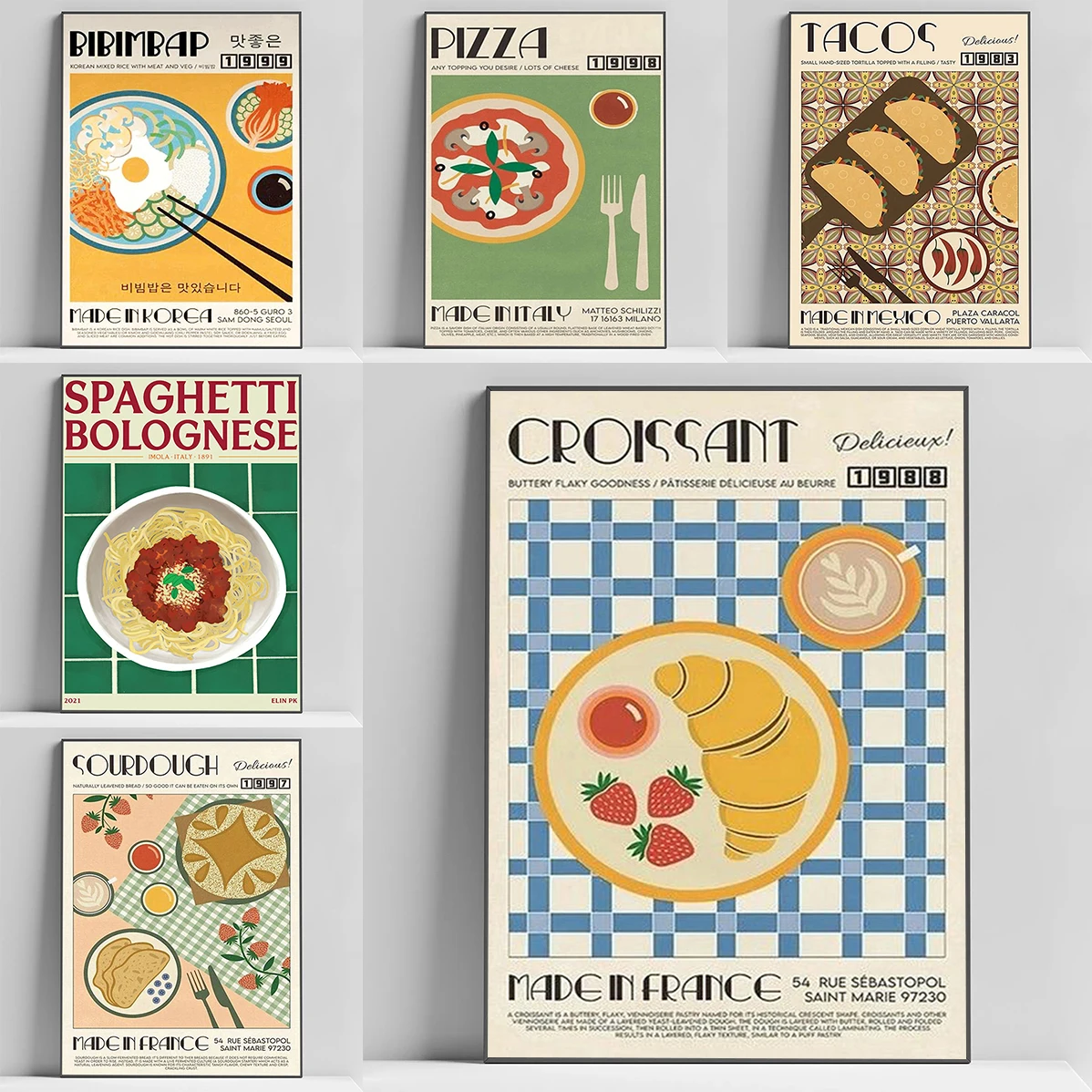 

Food Art Poster Bibimbap Ramen Sushi Cake Pizza Tacos Restaurant and Kitchen Decoration Posters for Wall Decororation Room Decor