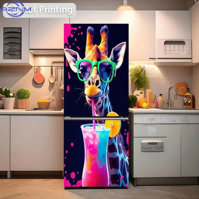 of Refrigerator Sticker Measuring 60X180 Cm Featuring a Giraffe Wearing Green Glasses Enjoying a Colorful Drink, Suitable for