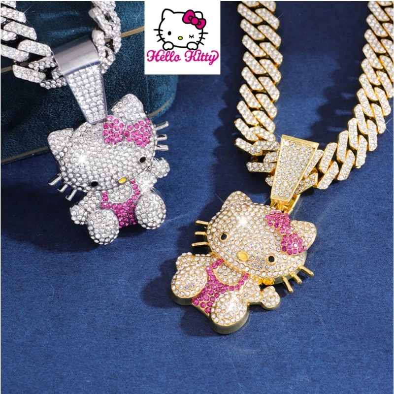 hello kitty necklace for women cartoon full diamond European and American cute cat pendant Cuban chain jewelry halloween