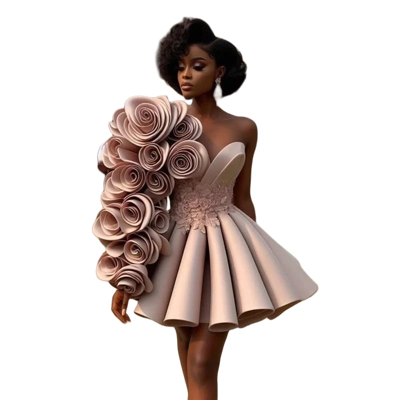 Flowers One Shoulder Short Prom Dress Pleats Satin A-Line Cocktail Party Gown Sweetheart Neckline Customized Birthday Occasion