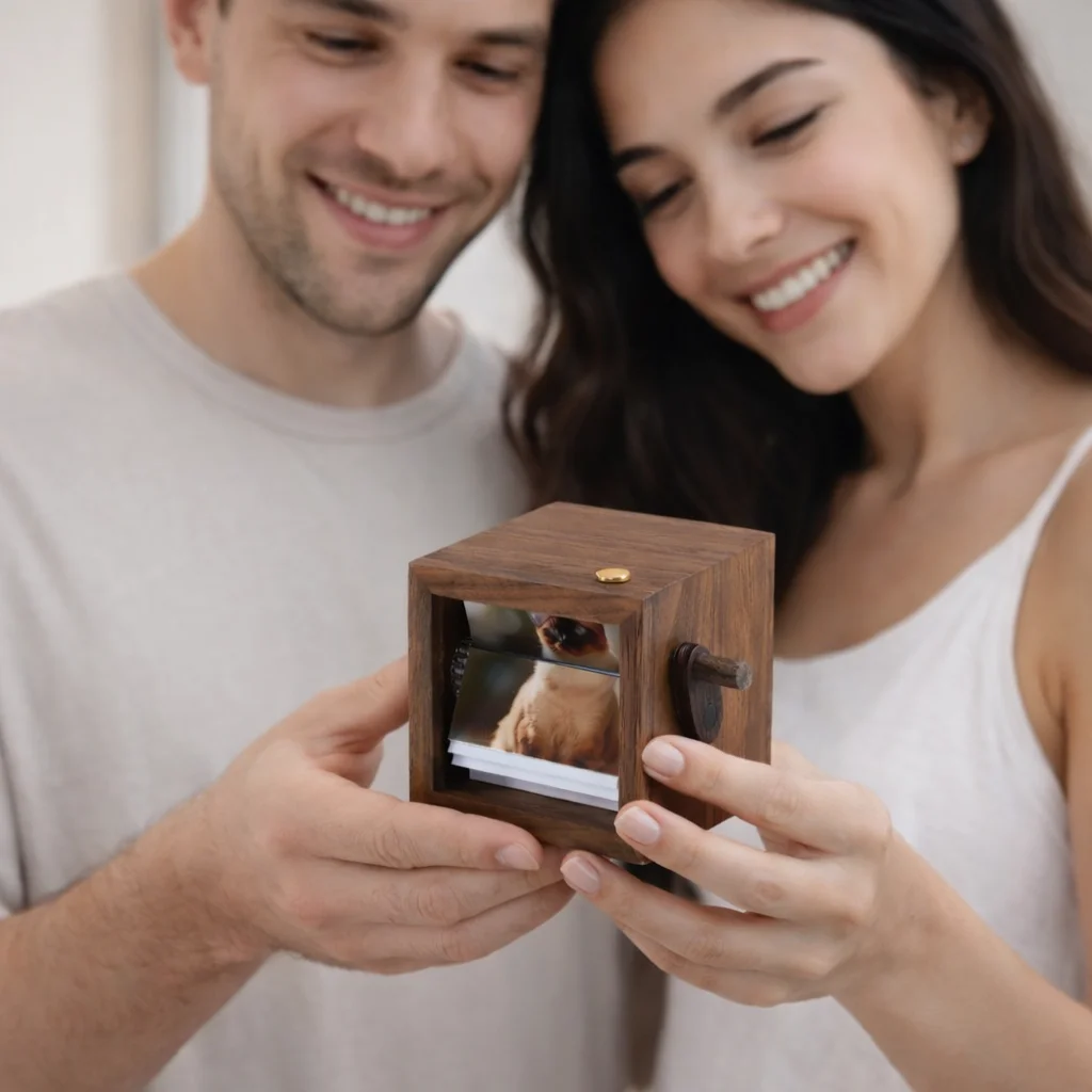 

Dropshipping Wooden Hand Crank Flip Photo Album Light-up Customizable Picture Frame Box for Couples Wedding Valentine's Day Gift