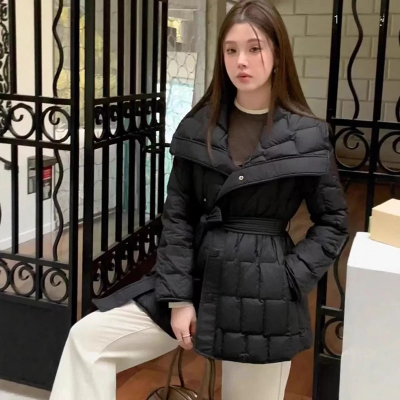 Winter Mid Length Large Lapel Down Jacket Women White Duck Down Big Pocket Loose Parker Outwear Female Thick Warm Lace Up Jacket