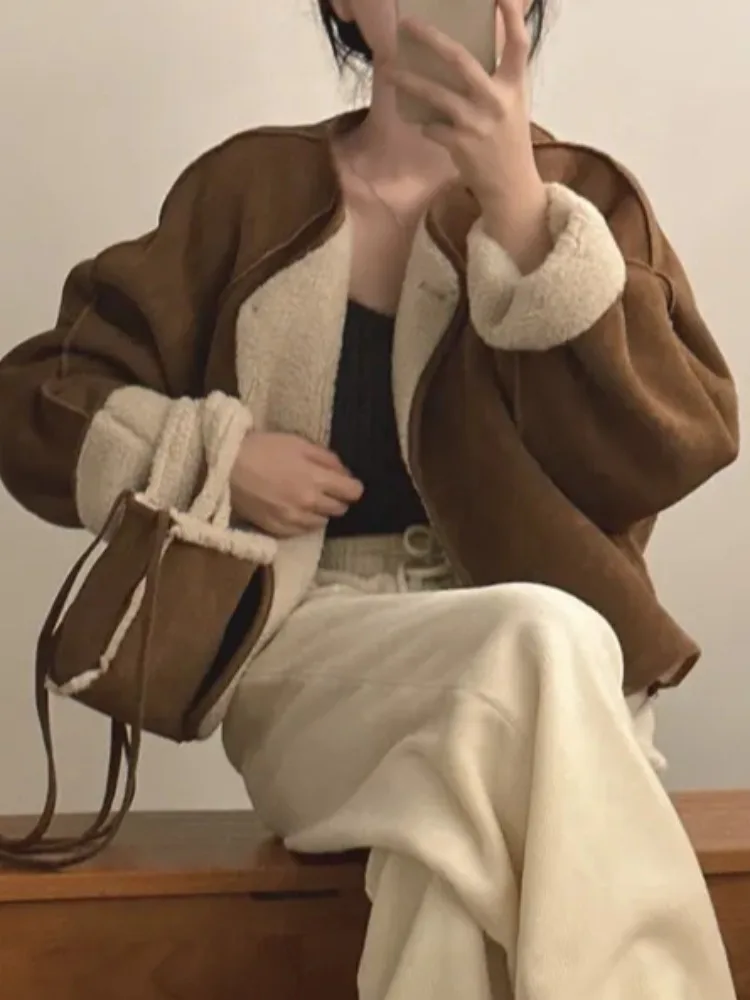 Chic Herbst Winter Thiened Warm Lammfell Jaet Damen Faion Simple Sli Inteated Leder und Pelzmantel mit Tasche