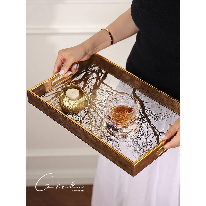 Cheap home light luxury gold branch tray rectangular living room exquisite tea tray high-end storage tray