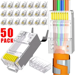 1-50Pcs Pass Through RJ45 Cat7 Cat6 Cat5 Shielded Connectors Crystal End Gold-Plated 8P8C Crimp UTP Ethernet Modular Plug