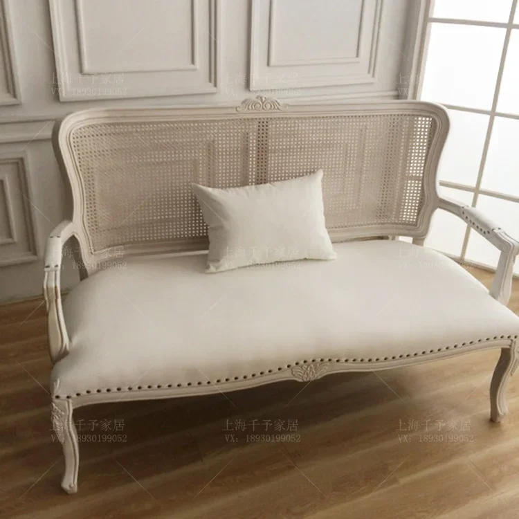 French Style White Retro Solid Wood Sofa American Country European Style Rattan Balcony Studio Couch