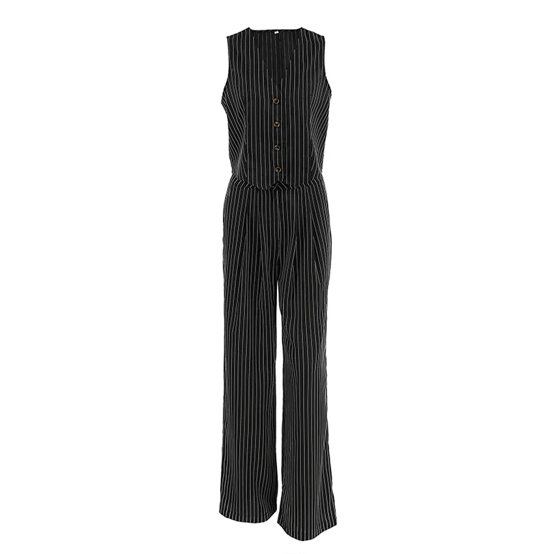 Elegant Women 2 Piece Set Halter Neck Single-Breasted Pocket Sleeveless Halter Vest Tops+High Waist Zipper Pockets Wide Leg Pant