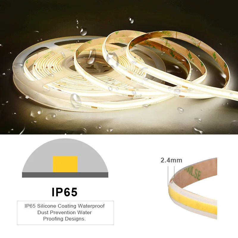 COB LED Strip Light IP65 Waterproof 480 LEDs/m High Density Flexible Tape Ribbon RA90 3000K 4000K 6500K Led Lights DC24V 5m