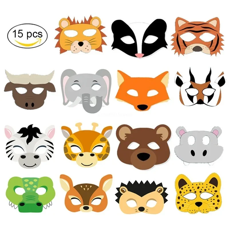 15pcs Kids Cartoon Animal Mask Jungle Tiger Monkey Puppy Cosplay Masks for Wild One Birthday Party Decor Halloween Costume Props