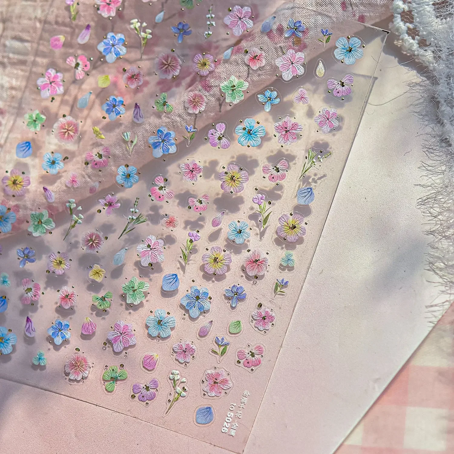 Haftowane Begonia Crabapple różowe kwiaty zielone liście drzew miękkie samoprzylepne 5D zdobienie paznokci naklejka dekoracyjna Manicure naklejki