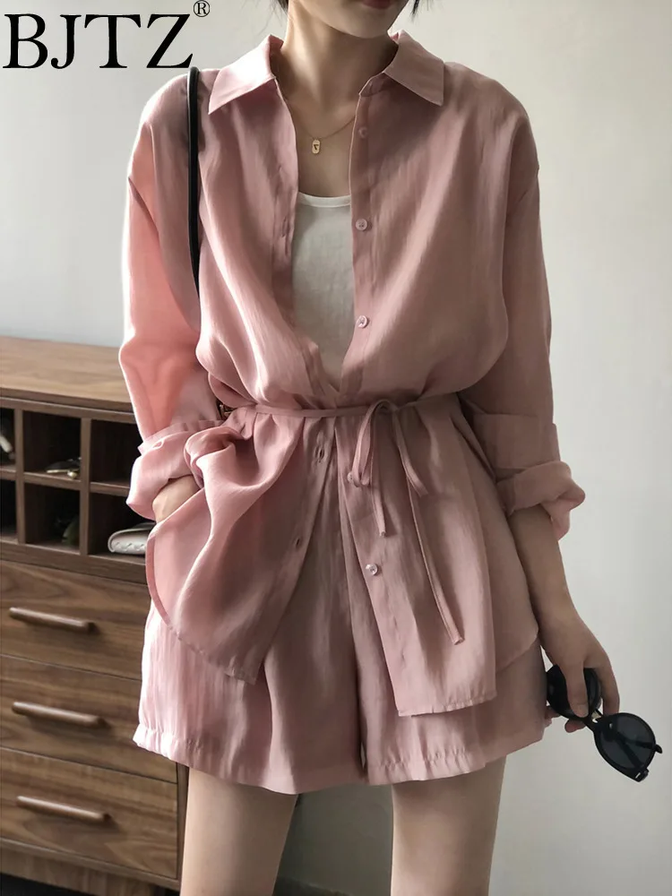 

BJTZ Hanging Breathable Sun Protection Shirt Set For Women 2025 Summer New Loose Thin Shirts Wide Leg Shorts Female