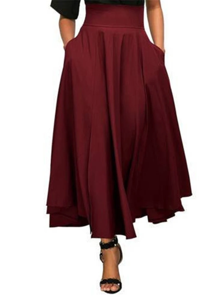 CHSDCSI Women Back Bow Loose Club Elastic Pleated Skirt High Waist Pocket Fashion Wide Lady Vintage Bottom