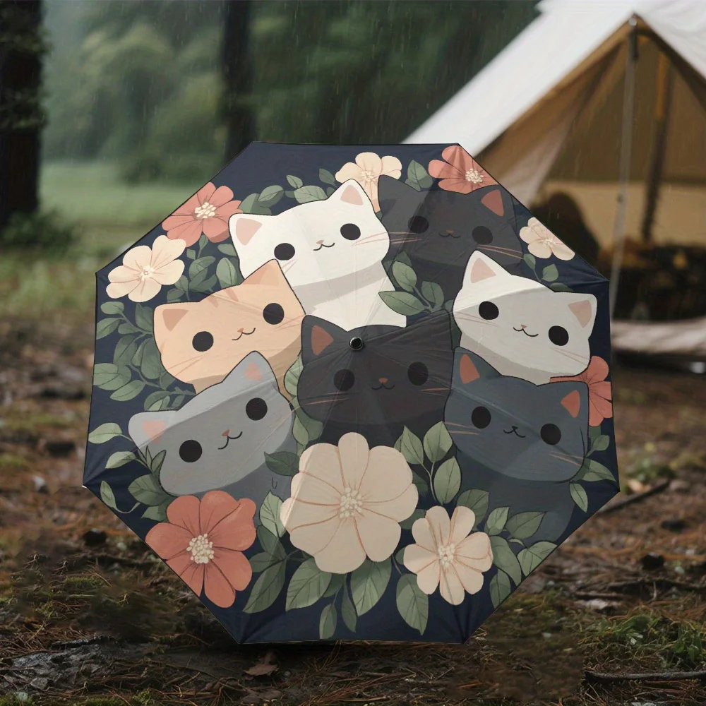 

1pc Cute Cat & Floral Umbrella - Automatic Open/Close, Lightweight Compact Folding Umbrella with Thickened Reinforced Frame, f