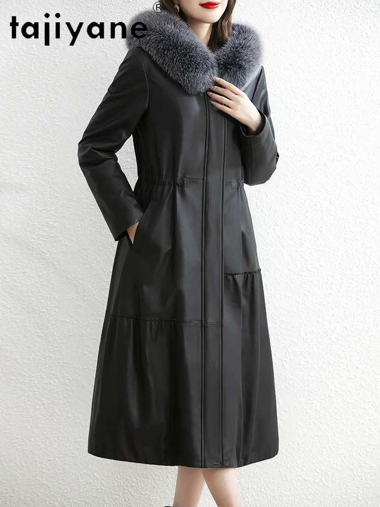 معطف نسائي من جلد الغنم من TAJIYANE مع قلنسوة ضيق طويل من الجلد الطبيعي معاطف بياقة من فرو الثعلب 2025 ملابس نسائية شتوية #3