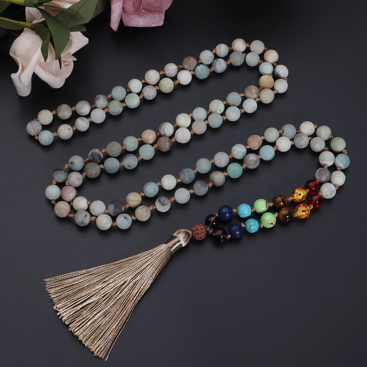 

OAIITE 7 Chakra Necklace 108 Japamala Beads Necklace Natural Amazon Stone Tassels Pendant Yoga Meditation Prayer Jewelry Gift