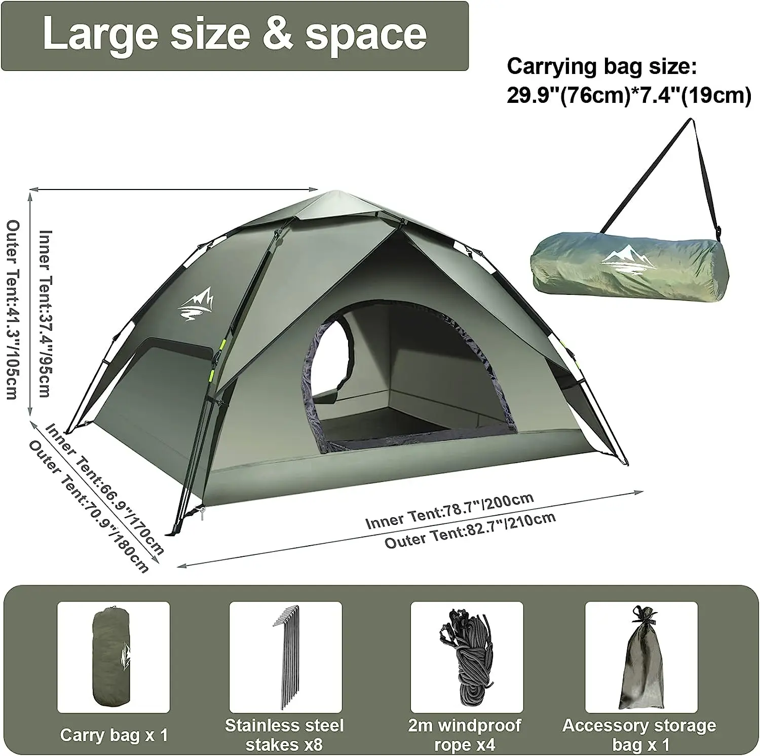 instant pop-up tent, camping tent 2-in-1 double waterproof