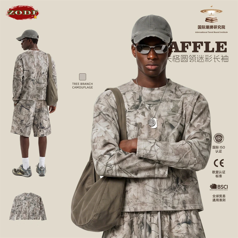 ZODF Trendy Autumn Boxyfit Waffle T-Shirt For Man Unisex 260gsm Branch Camouflage Printing Full Sleeve T Shirts Tops HY1299