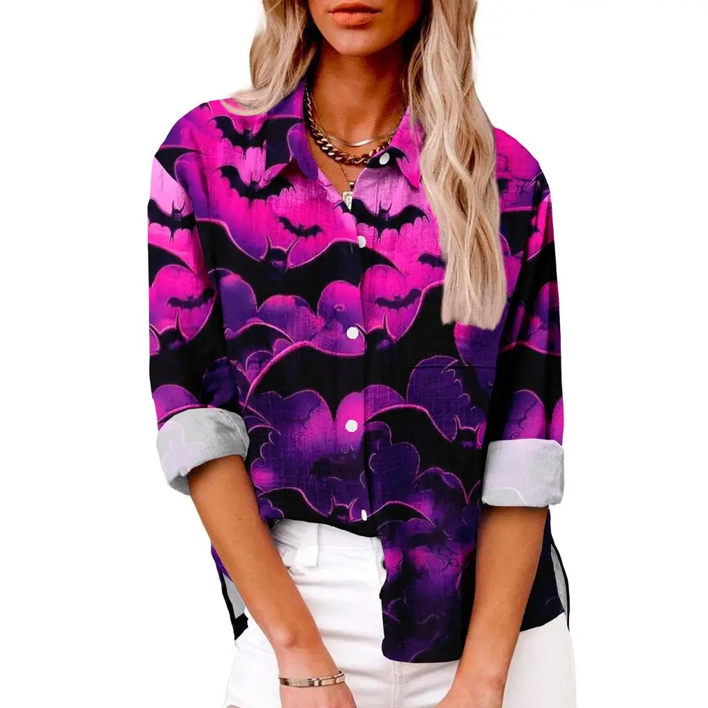 2024 casual lapel halloween shirt tops women hawaiian shirts women blouses 3d bat spider web print long sleeve shirts