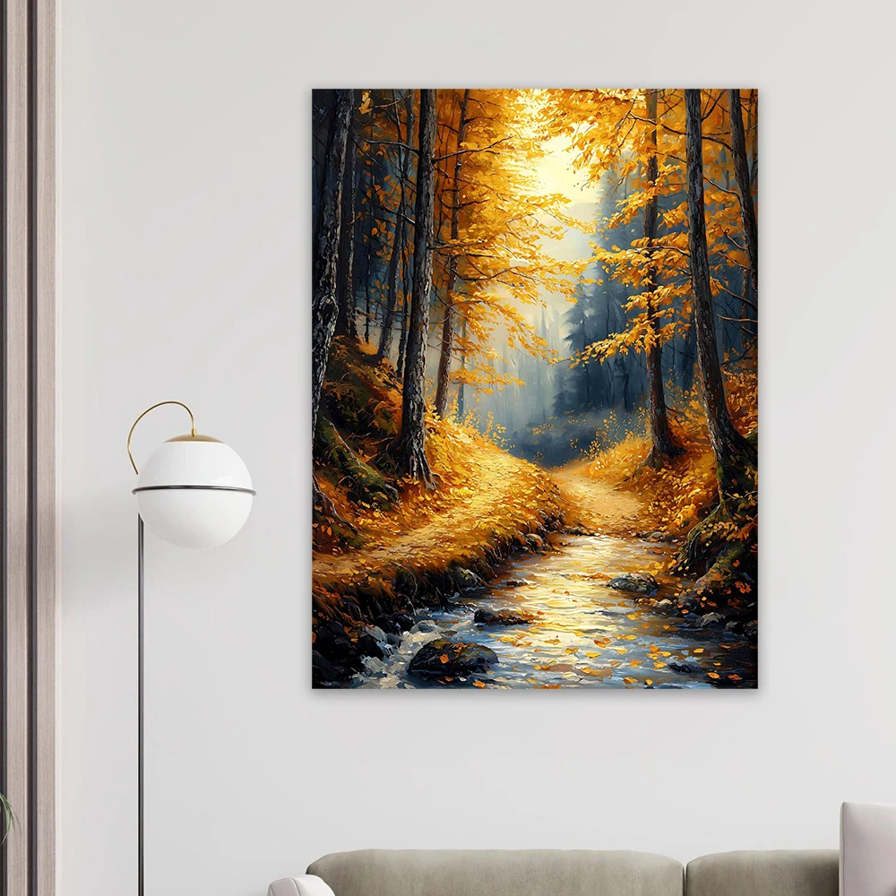 Enchanting Autumn Forest Wall Art Poster Golden Leaves & Serene Stream Prints Nature Landscape Home Decor Canvas Painting