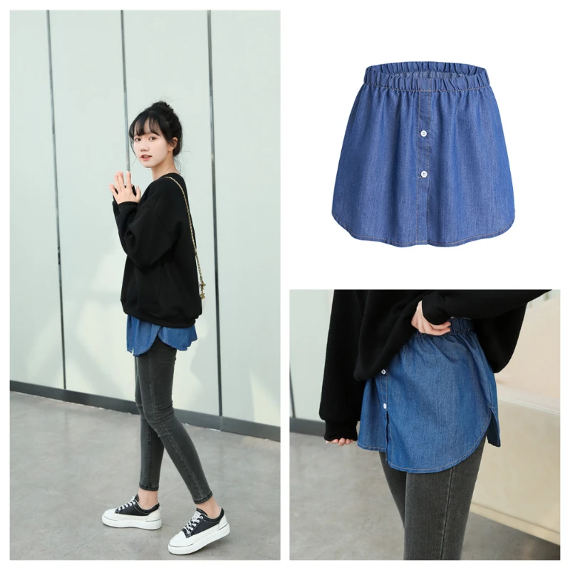 

Women Denim False Hem Layering Fake Top Lower Sweep Skirt Buttons Irregular A-Line Half Blouse Skirt Extenders Fart Curtain