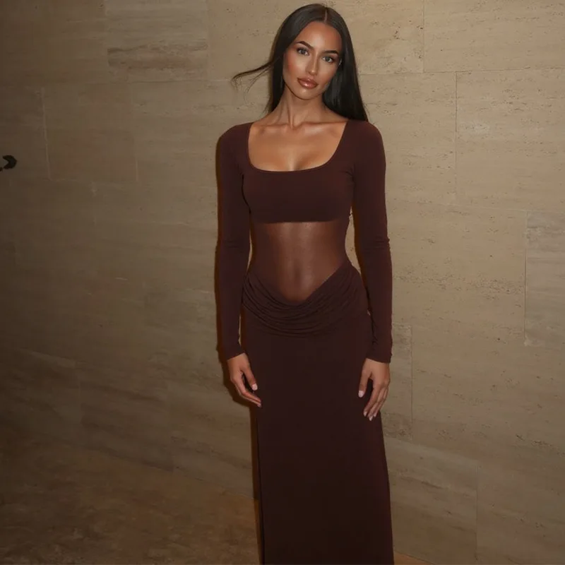 Blifanbo outono u pescoço malha maxi vestido feminino retalhos ver através de manga longa festa vestido longo elegante moda sexy vestido