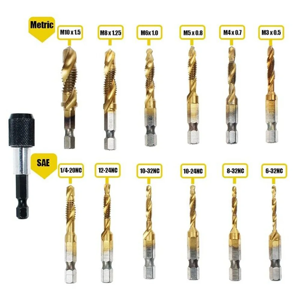 Set mata bor kombinasi SAE/metrik, 13 buah mata bor ulir, alat mata bor kombinasi untuk pengeboran countersink