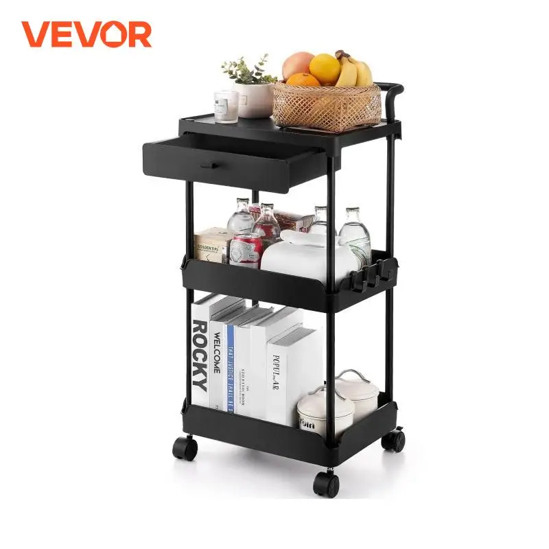 VEVOR 3-Tier Rolling Utility Cart Kitchen Storage Trolley with Drawer Handle for Office Living Room Movable Storage Organizer