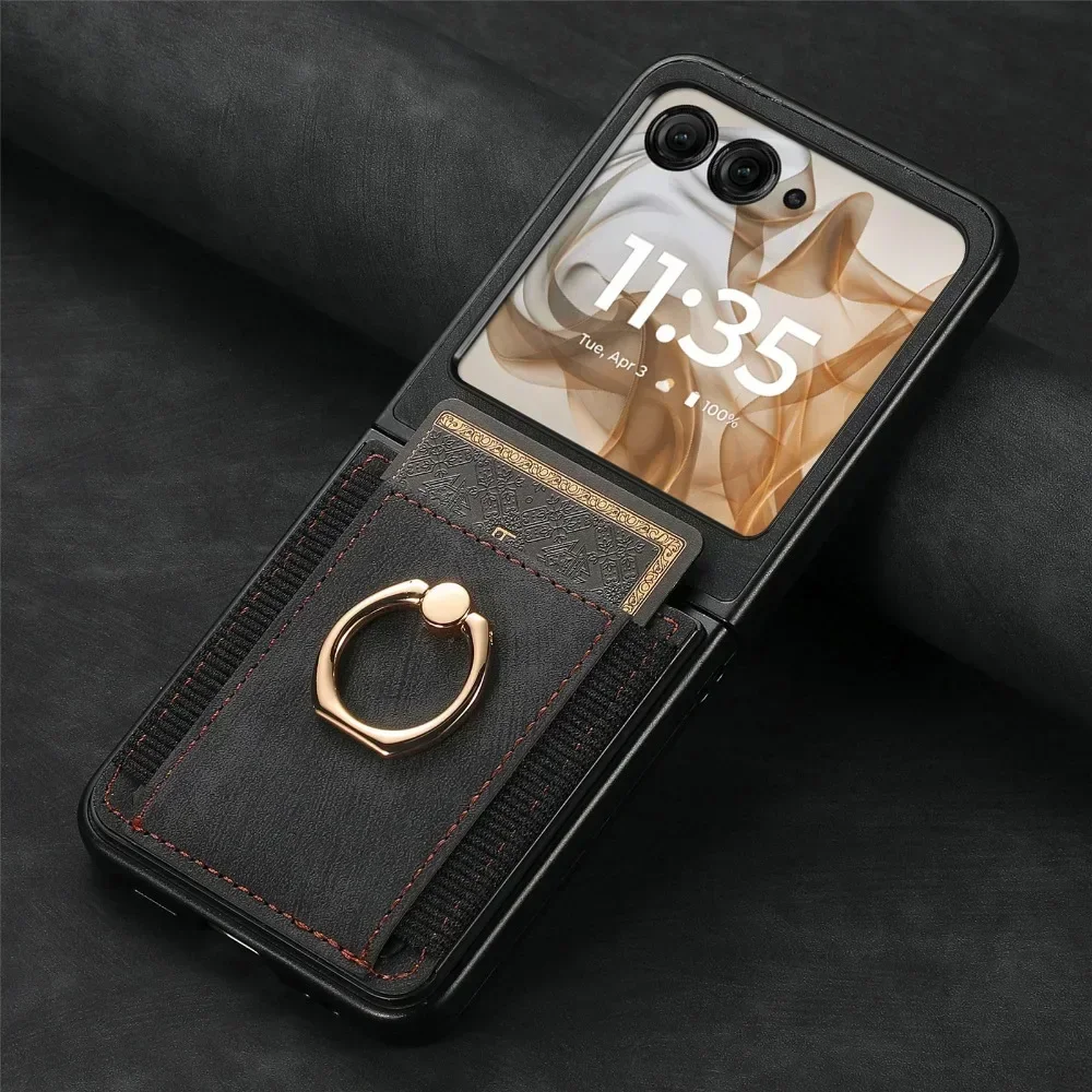 Funda de cuero PU con ranura para tarjeta para Motorola Razr 50 Ultra Mooto Razr40, soporte de anillo, cubierta a prueba de golpes