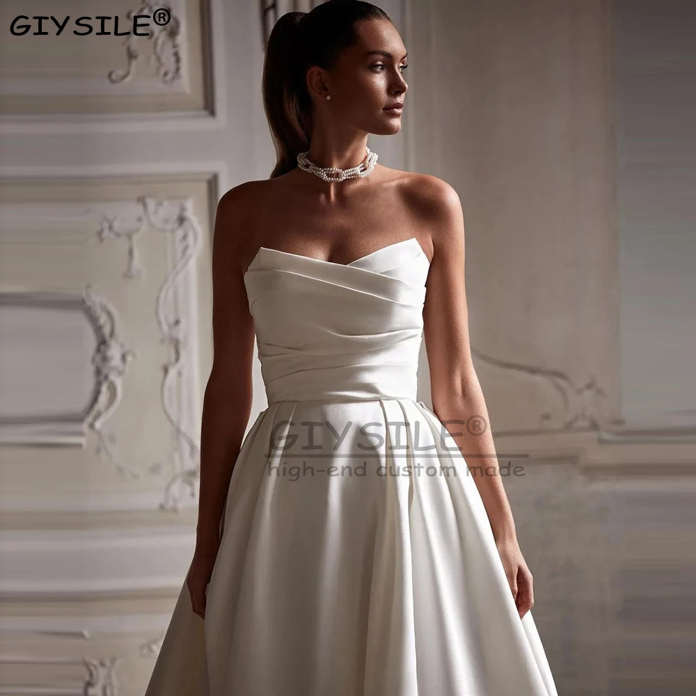 

GIYSILE Customized French Satin Strapless Wedding Dresses Simple A-line Trailing Princess Travel Photo Bride Main Wedding Dress