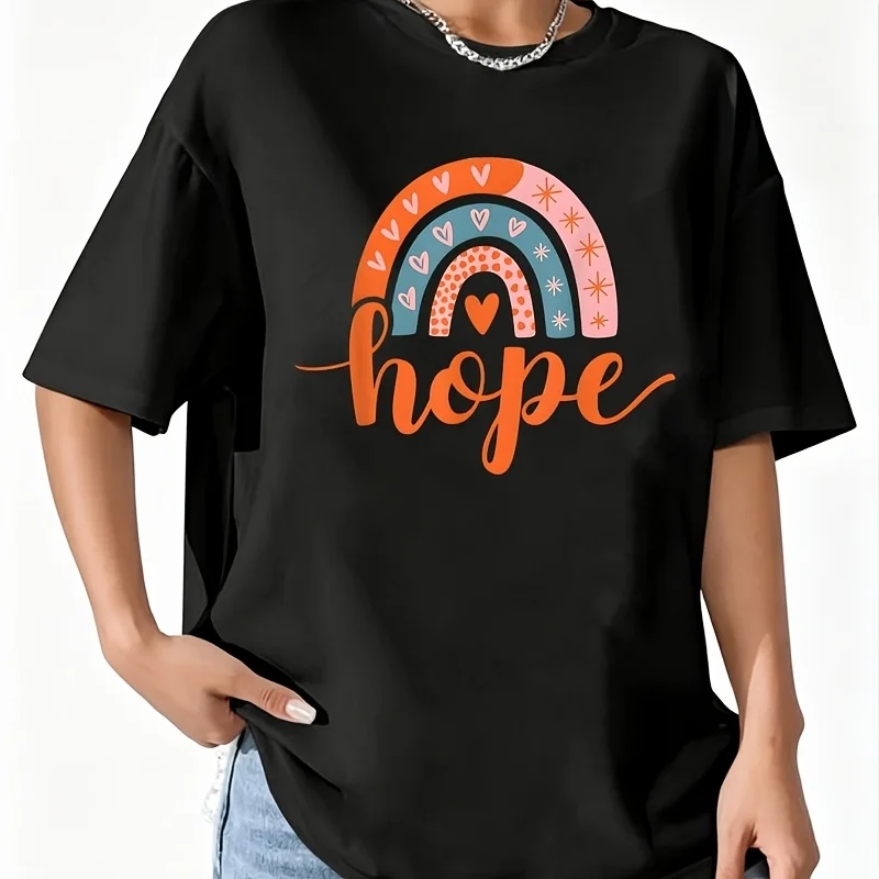 Whimsical Hope Rainbow Heart Women's 100% Cotton T-Shirt Fun Print Short Sleeve Top Casual Round Neck Tee S-5Xl