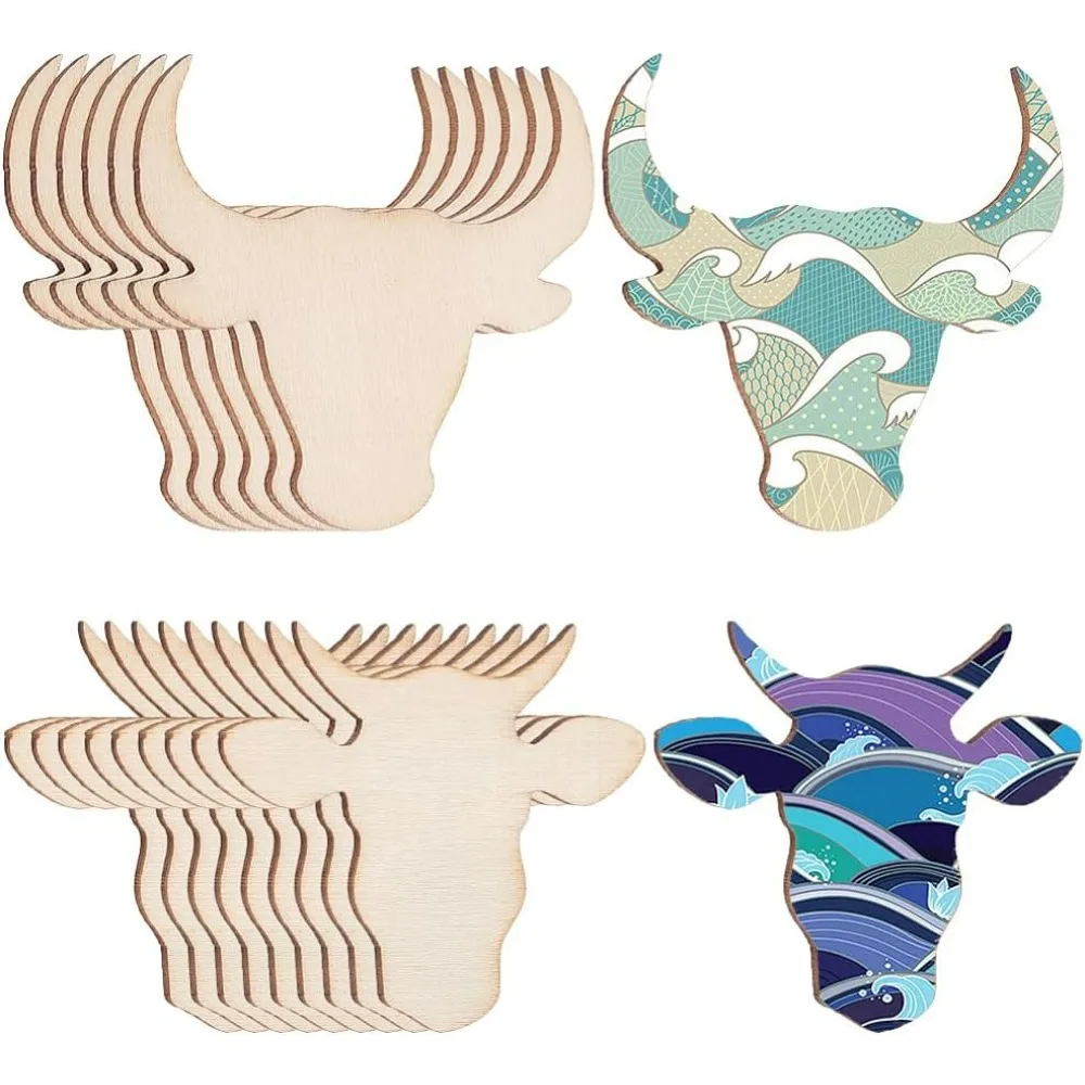 60Pcs 2 Styles Unfinished Wood Cow Head Pieces Wood Cattle Head Blank Cutouts Unfinished Cow Wood Pieces Blank Wooden Cow Slices