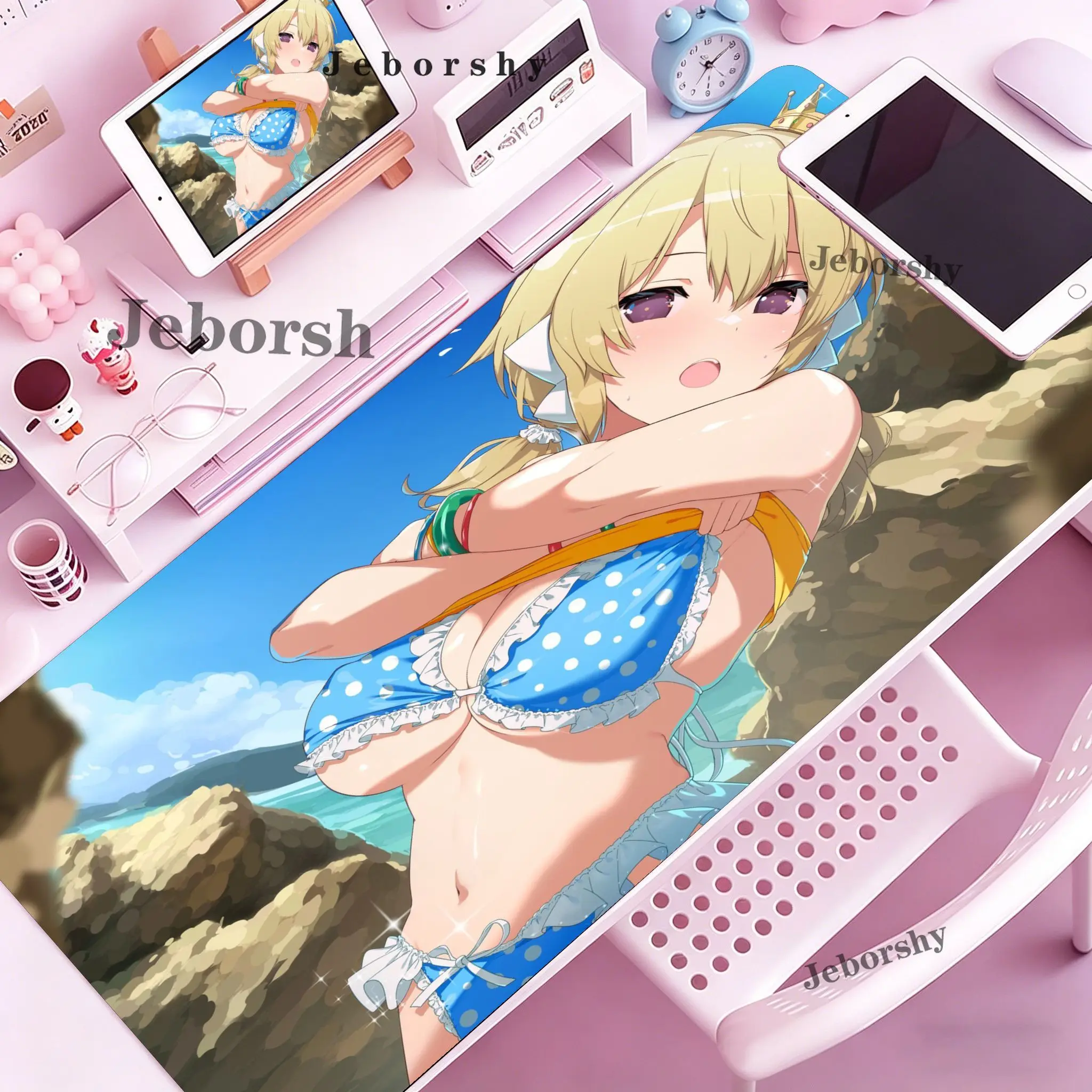 Oversized Blonde Anime Girl Mouse Pad, Multi-style Home & Beach Extended Non-slip Gaming Desk Mat