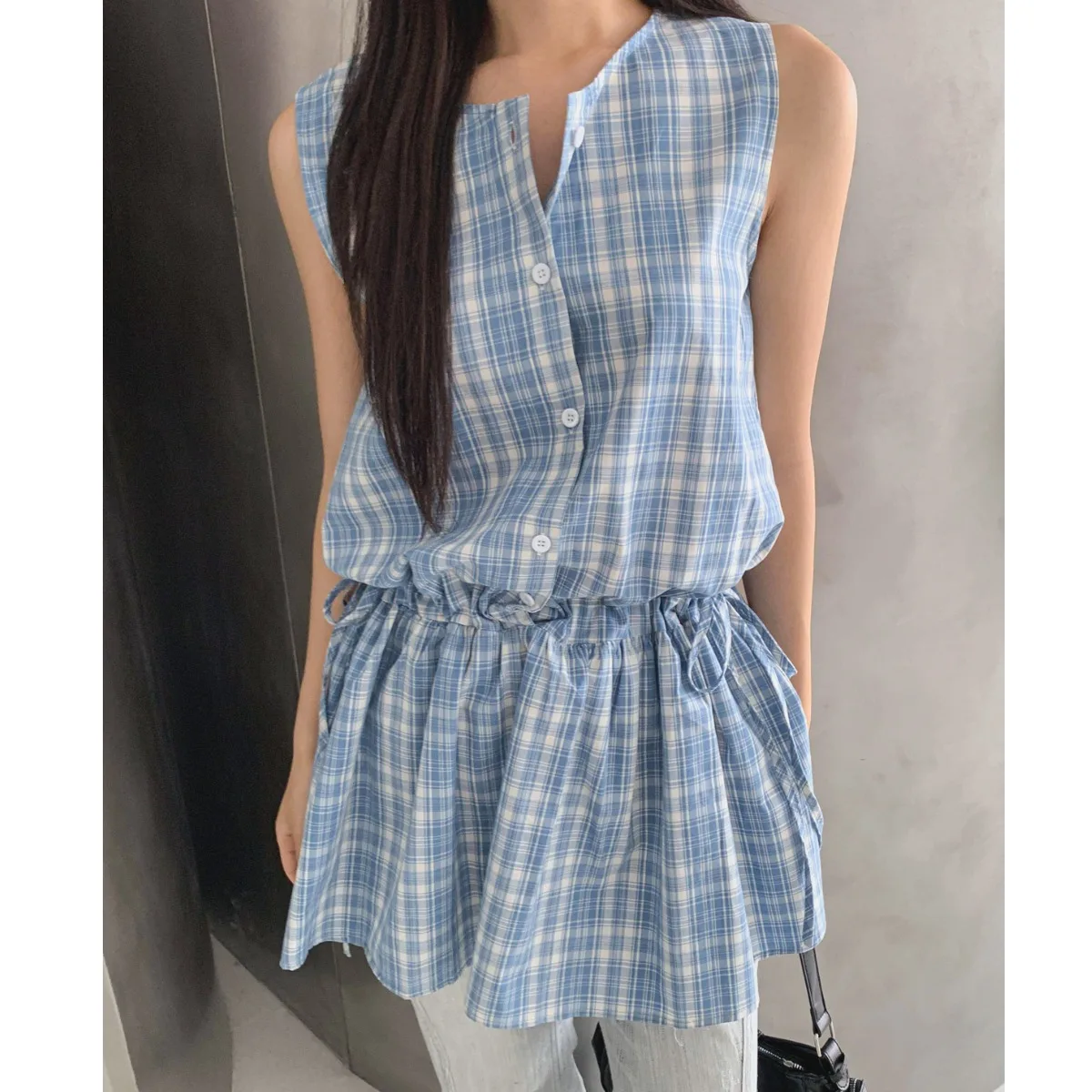 Gilet d'été Dr femme ample Agel rétro Plaid Dstring Svel jupe trapèze confortable respirant décontracté Dr