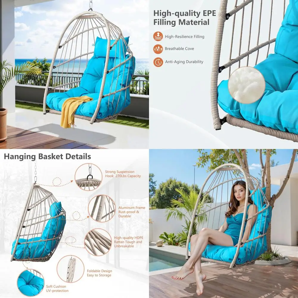 كرسي أرجوحة على شكل بيضة خارجي قابل للطي مع إطار من الروطان عالي الدقة وإطار من الألومنيوم، وسادة محمية من الأشعة فوق البنفسجية، بدون حامل متضمن