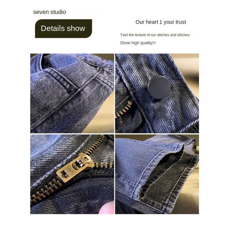 ライトラグジュアリーファッションストレートレッグルーズジーンズメンズ2025秋新作ポケットプリントウォッシュドアメリカンカジュアルワイドレッグパンツ